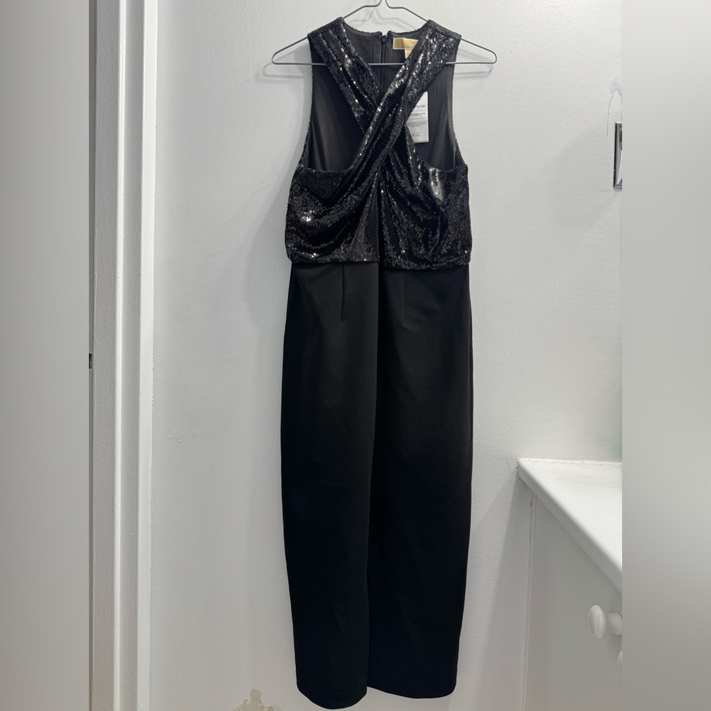 Michael Kors Sequinned and Crepe Halter Dress